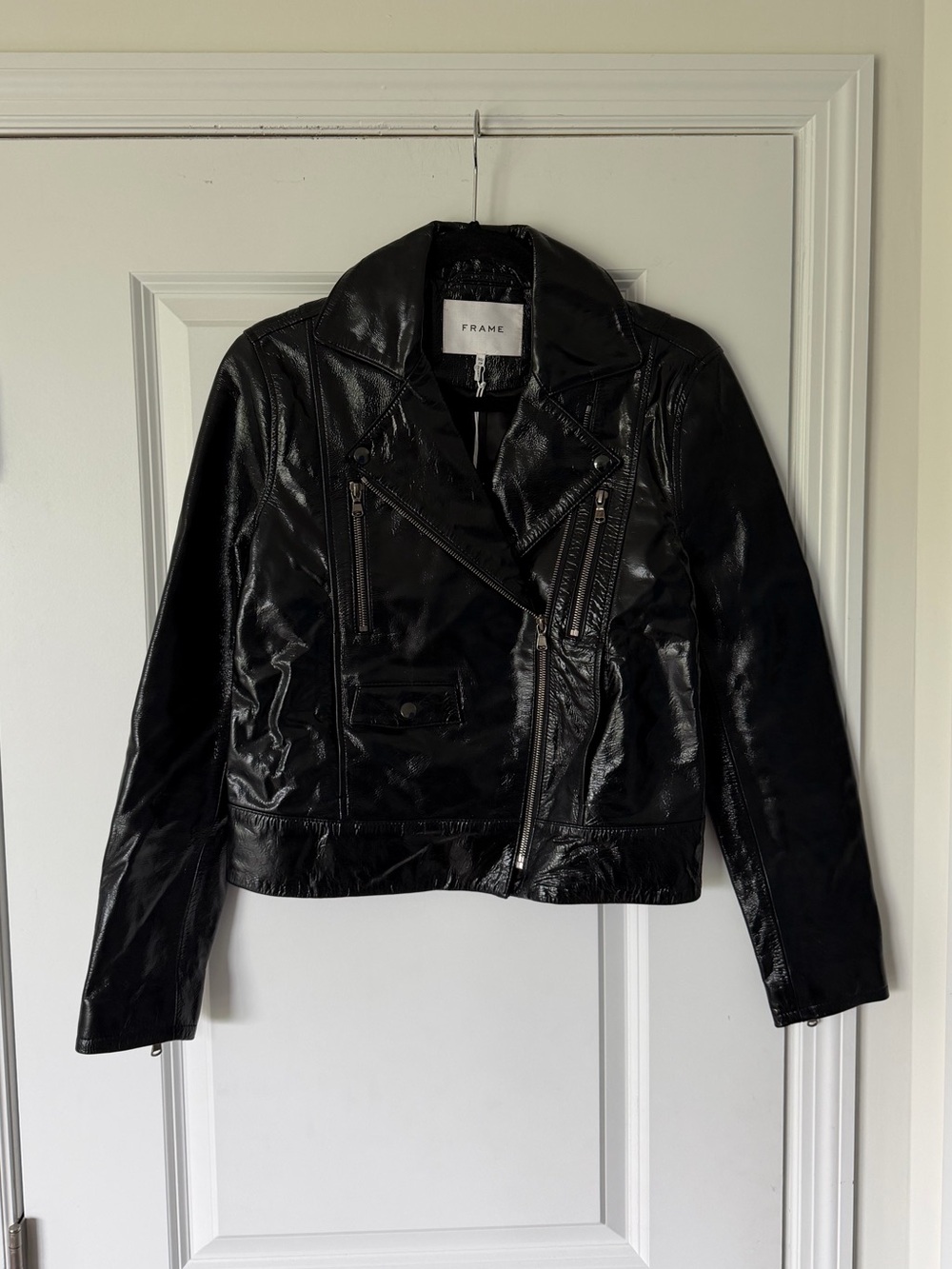 Frame Denim Glossy Black Patent Leather Moto Jacket